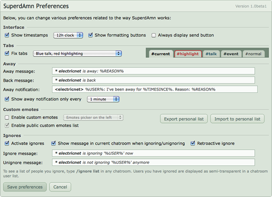 Screenshot of Preferences panel